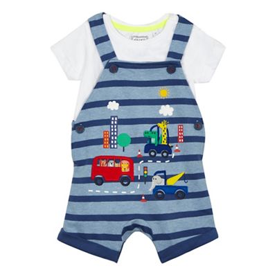 Baby boys' blue animal applique dungarees and t-shirt set